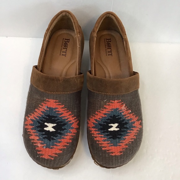 BORN Women's Brown Suede Slip-On Clogs Coral Blue Woven Southwest Accent 9 - Picture 3 of 8